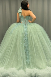 Ball Gown One Shoulder Sleeveless Sequins Beaded Illsion Appliques Pleated Mint Green Tulle Quinceanera Dress Formal Evening Gown For Sweet 16